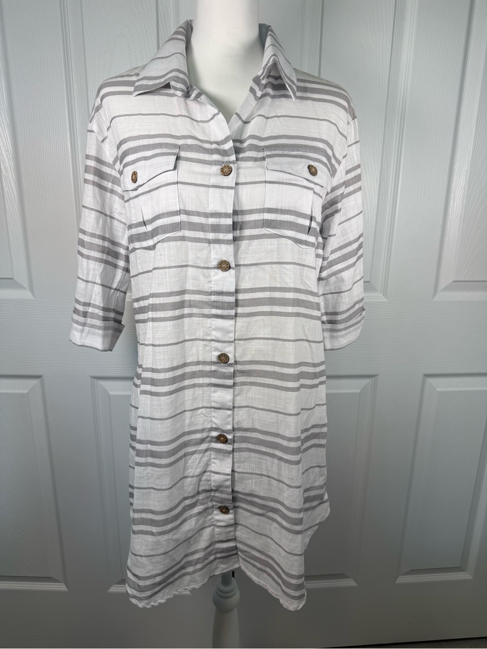 Dotti White Gray Striped Cotton Shirt Dress Collared Swim Cover Up Resort costal